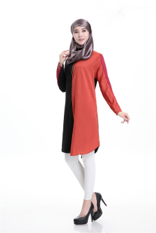Agapeon New Fashion Muslim Wear Linen Long-sleeve Top Two-color stitching Black&Orange  