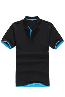 AJFASHION Men's Classic Lapel Polo T-shirt (Black Turquoise Blue)  