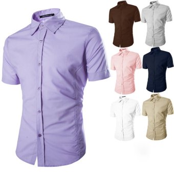AJFASHION Mens Luxury Short Sleeve Solid Color Slim Fit Shirts(Light Gray)  