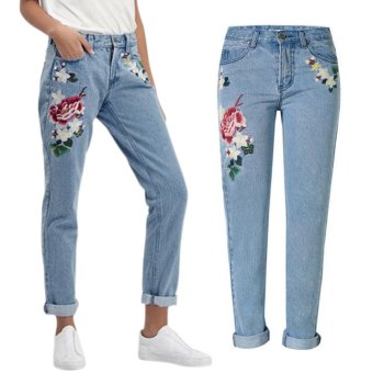 Amart Women Straight Embroidered Jeans Pants Flower Denim Casual Long Trousers - intl  