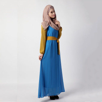 Aooluo 2016 Summer New Fashion Muslim Women's National Butterfly Chiffon Skirt Waist Ten End stitching Long Dress Blue and Yellow - intl  