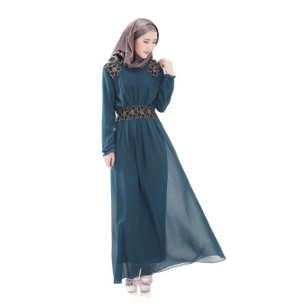 Aooluo Chffon O-Neck Long Sleeve Double layer Big Swing Dress Retro Women's Robes (Cyan)  