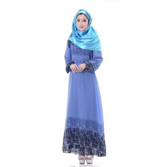 Aooluo Chffon O-Neck Long Sleeve Printing Summer Dress for Muslim Women Blue  