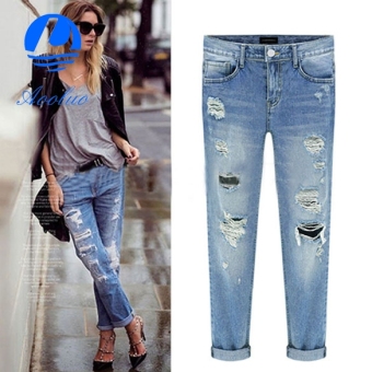 Aooluo New Fashion Women's Pencil Pants Casual Slim Pencil Pants Skinny Ripped Denim Jeans (Light Blue) - intl  