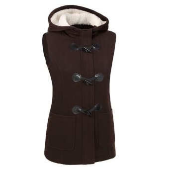 Astar ANGVNS Women Sleeveless Wool Blend Fleece Outwear Hooded Horn Fasten Pure Color Loose Vest Coat(Dark Brown)  
