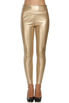 Astar Avidlove Lady Stretch Pencil Pants Slim Skinny Solid High Waist Synthetic Leather Casual Party Trousers (Gold)  