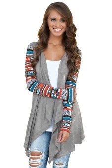 Astar Fashion Ladies Women Casual Geometric Print Long Sleeve Front Open Asymmetric Hem Tops Cardigan Coat ( Grey )  