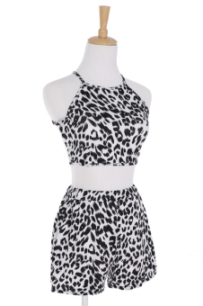 Astar Ladies Women Casual Two Pieces Cross Backless Leopard Print Crop Top and Shorts Set ( White ) - Intl  