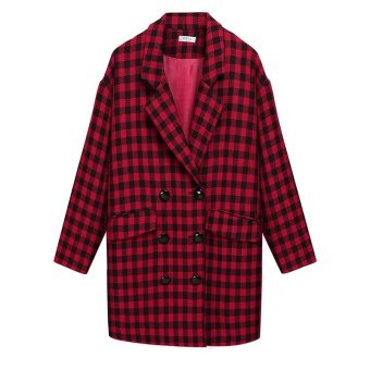 Astar Meaneor Stylish Women Long Coat Double Breasted Long Sleeve Pockets Plaid Outwear Top Overcoat ( Red )ï¼ˆï¼‰  