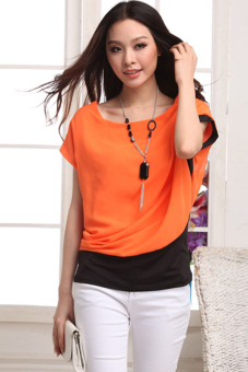 ASTAR Patchwork O-neck Chiffon T-Shirt (Orange)  