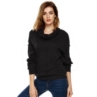 Astar Stylish Women Casual Long Sleeve High Neck Loose Fitting Elastic Hem Solid Top(Black)ï¼ˆï¼‰  