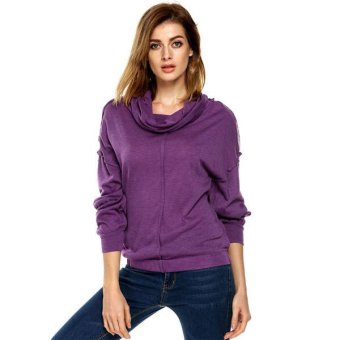 Astar Stylish Women Casual Long Sleeve High Neck Loose Fitting Elastic Hem Solid Top(Purple)ï¼ˆï¼‰  