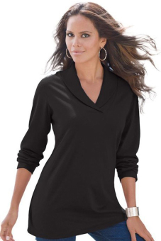 ASTAR V-Neck Long Sleeve Casual Loose Solid Stretch Tops (Black)  