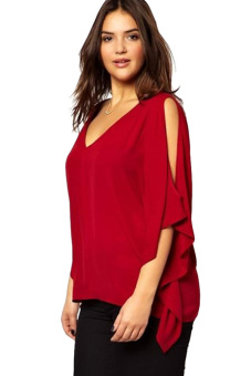 ASTAR V-Neck Plus Size Batwing Sleeve Blouse Chiffon T-Shirt Top (Red) - intl  