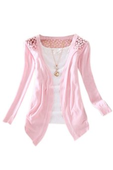 ASTAR Women Candy Color Floral Lace Hollow Thin Knitting Long Sleeve Casual Cardigan Pink  