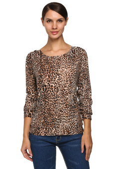 ASTAR Women Long Sleeve Leopard Backless Lace Decor Casual T-Shirt (Leopard)  