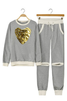 Astar Women Set Sweatshirt + Pants Joggers Sweats Tracksuit Heart-shaped Sport Suits (Grey)  