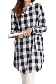 Astar Women Turn Down Collar Long Full Sleeve Plaid Blouse Casual Loose Shirt (Grey) - intl  