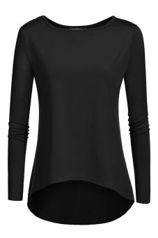 ASTAR Zeagoo Women Casual O-Neck Patchwork Long Sleeve Irregular Hem Stretch Blouse Tops (Black)  