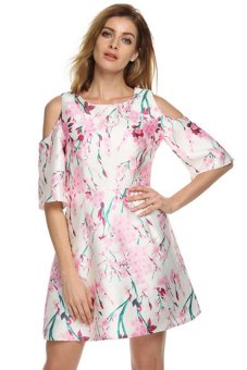 Astar Zeagoo Women O Neck Hollow Shoudler Mandarin Sleeve Floral Printing Dress ( Pink )  