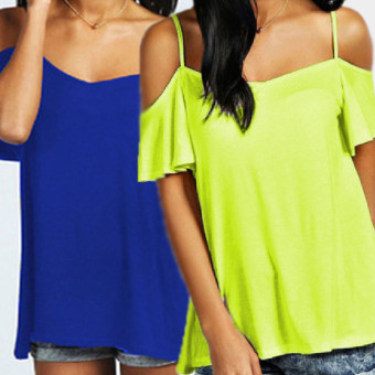 Autoleader Fashion Boho Casual Women Strappy CamiI Frill Sleeve Blouse Lime  