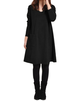 Autoleader V-Neck Tops Women Long Sleeve Pockets Loose Casual Cotton Pregnant MIni Dress (Black)  