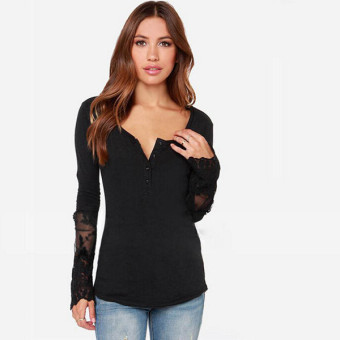 Autoleader ZANZEA Women Blouse Embroidery Lace Top Button V Neck Long Tee Shirt Black  