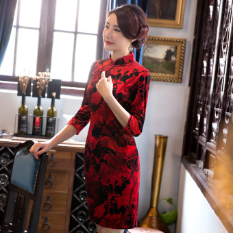 Autumn Fashion Was Thin Dress Daily Self-cultivation Velvet Cheongsam - intl  