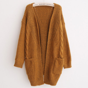 Autumn Korean Version Solid Color Pocket Loose Sweater Female Long Cardigan Sweaters pull femme Oversized Winter Coat Khaki - intl  