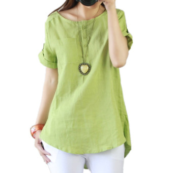 Autumn New Cotton Round Collar Short Sleeve Shirts T-shirt Tops Blouses Green - intl  