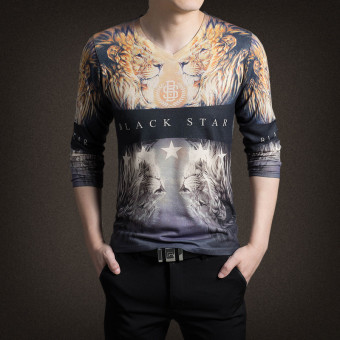 Autumn New Fashion Long Sleeve V-neck Knit Printed T-shirt(Beige)  