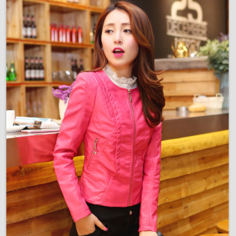 Autumn new female short zipper leather jacket Slim round neck collar paragraph Stylish Casual Lady Girl Long Sleeve locomotive leather Outerwear Coat-Pink - intl  