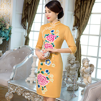Autumn New Style Daily High-end Women Fashion Paisley Medium Section Wool Cheongsam (Orange-120) - intl  