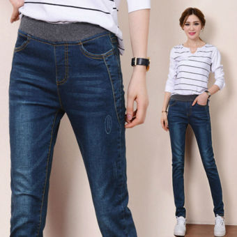 Autumn Winter Elastic Waist Women Denim jeans Stretch Slim fit Straight Trousers(Dark Blue)  