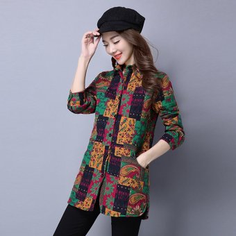 Autumn Winter Folk Style Women Cotton Linen Printed Long Sleeved Coat Female Thickening Warmly Jackets Coats - intl  