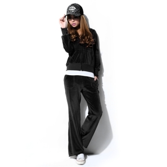 Autumn Winter Soft Velvet Long Sleeve Zippered Women's Casual Sport Hoodie Coat & Sweatpants Set - Size L Black - intl  