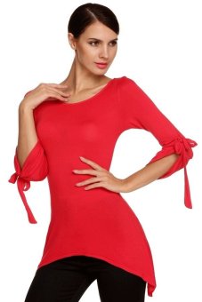 Azone ACEVOG Stylish Ladies Women Casual 3/4 Flare Sleeve Solid Slim Irregular Asymmetric Top Blouse Shirt T-Shirt ( Red )   
