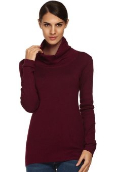 Azone ACEVOG Women Fashion Casual Slim Cowl Neck Long Sleeve Solid Stretch Sweater Pullover Knit Top ( Wine Red )   
