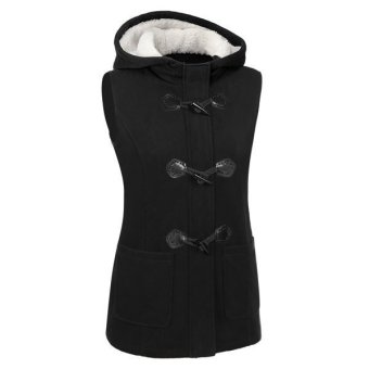 Azone ANGVNS Women Sleeveless Wool Blend Fleece Outwear Hooded Horn Fasten Pure Color Loose Vest Coat(Black)   