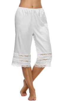 Azone AVIDLOVE Women Casual Loose Elastic Waist Lace Trimming Patchwork Solid Culottes Slips Pants (White)  