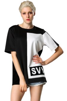 Azone Black White Patchwork Ladies Women Short Sleeve Loose Casual Long T-shirt (Multicolor)   