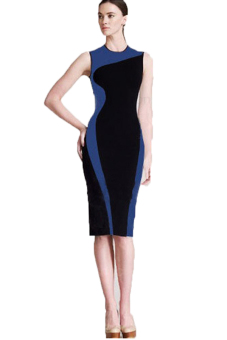 Azone Elegant O-Neck Stretchy Bodycon Slim Midi Dress (Blue) - intl  