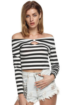 Azone FINEJO Women Casual Boat Neck Off-shoulder Long Sleeve Striped Crop Tops (Black + White) - intl  