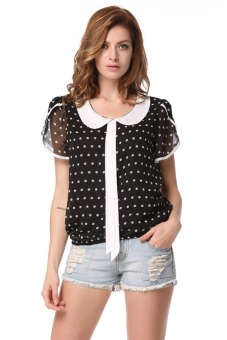 Azone Lady Women Plus Sizes Summer Casual Chiffon Shirt Polka Dot Doll Collar Top (Black)  