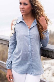 AZONE Lapel Off Shoulder Lace Applique Button Down Shirt (Blue) - intl  