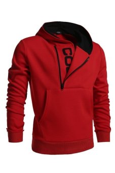 Azone Mens Slim Fit Hooded Sweatshirt Plain Long Sleeve Coat Double Zipper Hoodie (Red)   