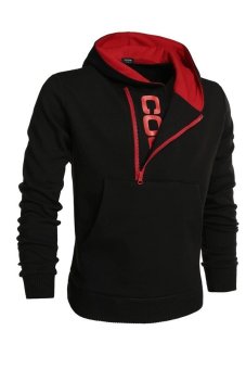 Azone Mens Slim Fit Hooded Sweatshirt Plain Long Sleeve Coat Double Zipper Hoodie (Red&Black)   