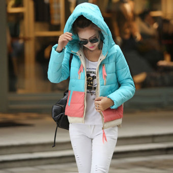 Azone Winter Women Cotton Coat Color Splicing Parkas Warm Down Jacket (Blue)  