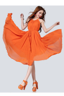 Azone Women Fashion Loose Chiffon Round Neck Halter Sleeveless Solid A-Line Dress with Belt (Orange) - intl  