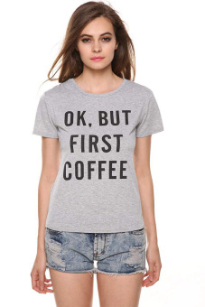 Azone Women Fashion Tops Short Sleeve Letter Print Casual Slim T-Shirts ( Grey )   